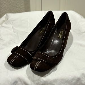 Chocolate brown suede wedge pump